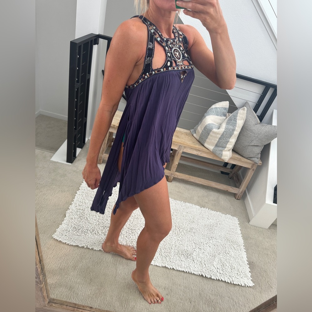 Free People Purple Beaded Boho Festival Tunic Bikini Cover-Up Top Size S - Picture 6 of 14